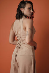 CINCHED WAIST SLEEVELESS TOP - BEIGE